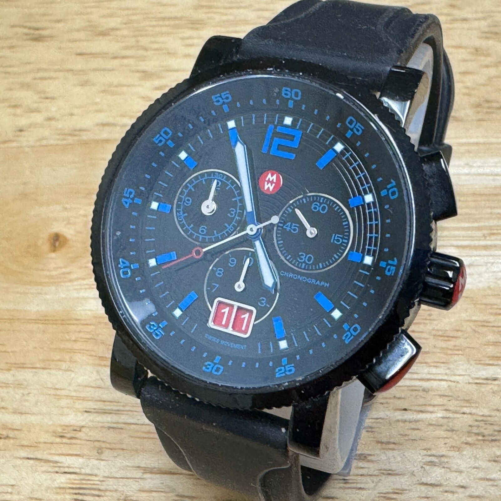 Michele Swiss Quartz Watch MP02189 Men 50m Black Sapphire Chronograph New Batter - $237.49