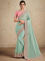 Beautiful Teal And Pink Embroidered Traditional Wedding Saree48 - £86.32 GBP