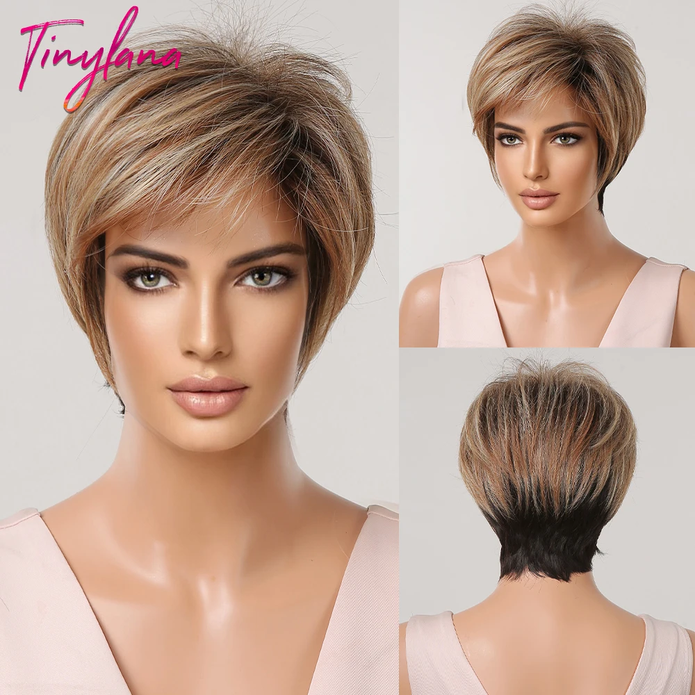 Light Blonde Ginger Synthetic Wigs Straight Short Pixie Cut Ombre Brown Wig wi - £24.65 GBP