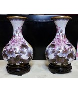 Pair 2 Chinese Cloisonne 8&quot; Vases Butterflys Chrysanthemum W Stands BOX ... - $396.62 CAD