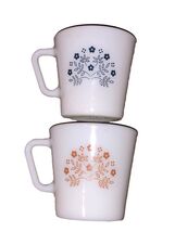 2 Vintage Pyrex Summer Impressions Brown &amp; Blue Flower Coffee Cup Mug Mi... - $13.87
