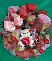 Sweetheart Valentines Day Wreath Teddy Bear Large 24&quot; Deco Mesh Hand Made - $43.54
