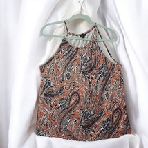 Ann Taylor Tank Top Women large Orange Black Paisley Print Adjustable Tie Strap - $12.19