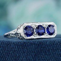 Natural Blue Sapphire Vintage Style Filigree Three Stone Ring in Solid 9K Gold - £1,039.16 GBP