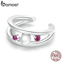 Bamoer 1PC 925 Silver Shell Bead Double-layer Ear Cuff for Women Dazzling Pink G - £16.23 GBP