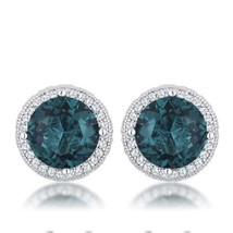 Precious Stars Silvertone Round Blue-Green Cubic Zirconia Halo Earring Studs - £20.77 GBP