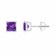 Natural Amethyst Square Solitaire Stud Earrings in 14K Gold (Grade-AAAA , 5MM) - £272.66 GBP