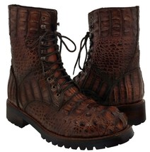 Mens Motorcycle Leather Boots Alligator Skin Cognac Biker Combat Boots Lace Up - £707.71 GBP