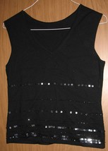 Womens L I.N.C. Black V-Neck Applied Sequins Silk Blend Knit Sleeveless Tank Top - £8.17 GBP