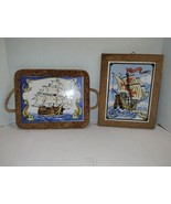 Set Of 2 Vtg Ship Design Cork And Ceramic Heat Plate Trivet One Signed B... - $24.88