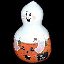 Halloween Ghost and Jack O Lantern Pumpkin Gourd Hand Painted Artist Signed 13in - £55.94 GBP