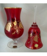 Lot (2) BOHEMIA CRYSTAL Red Glass Gold Leaf Grape Vine Pattern Goblet Va... - $39.10