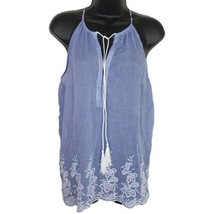 Saint Tropez West Womens Shirt Large Blue White Stripes Sleeveless Embroidered - £10.90 GBP