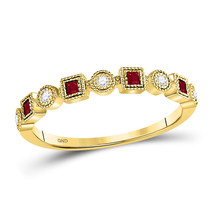 10kt Yellow Gold Princess Ruby Diamond Square Dot Milgrain Stackable Band Ring - £175.05 GBP