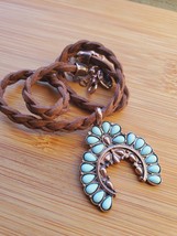 Southwestern Boho Faux Turquoise Squash Blossom KIDS Necklace, Leather 12-14in - $24.75