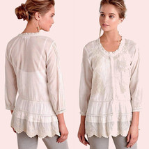 $238 Anthropologie Peronelle Peasant Top Medium 6 8 Ivory Pin Tucks Lace Tiered - £86.98 GBP