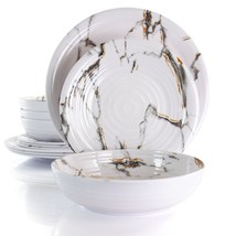 Elama Fine Sculpture White 12 Piece Lightweight Melamine Dinnerware Set for 4 - £37.93 GBP