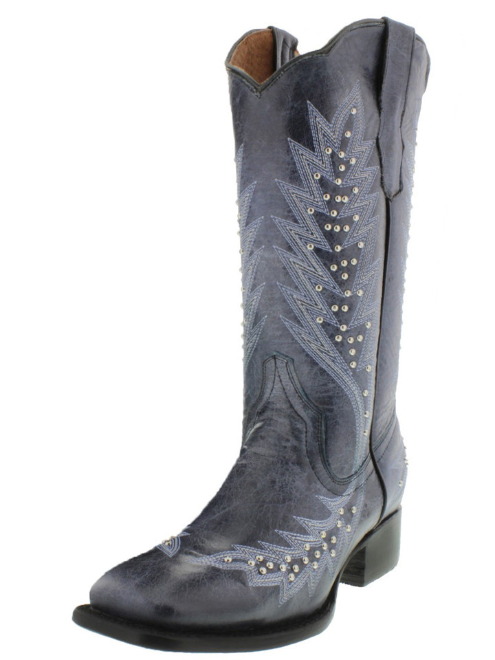 Womens Western Rodeo Boots Denim Blue Leather Silver Studded Square Toe ... - $71.27