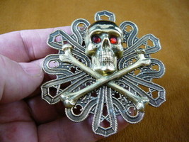 (B-SKULL-50) Red eyed Pirate skull crossbone round filigree brass pin pendant - £26.89 GBP