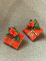 Vintage Red Plastic Christmas Gift Package w Holly Berry Decoration Clip Earring - £8.85 GBP
