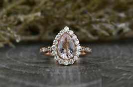 1.50ct Pear Cut Peach Morganite 14k Rose Gold Over Halo Women&#39;s Anniversary Ring - £77.62 GBP