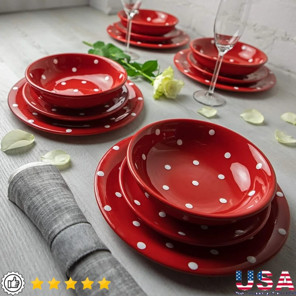 Handmade Red White Polka Dot 12PCS Dinnerware Set Ceramic Pottery Tableware - $796.85 CAD