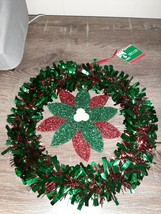 Christmas House Red and Green Tinsel Wreath with Flower. - £10.82 GBP