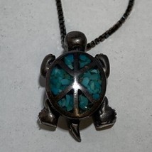 Silver &amp; Turquoise Inlay Turtle Pendant &amp; 18” 925 Sterling Necklace - £18.06 GBP