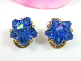 Blue Bicone Crystal Bead Earrings Vintage Clip On Ab Glass Goldtone - £10.35 GBP