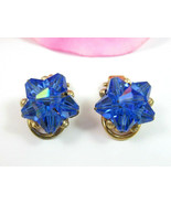 BLUE Bicone CRYSTAL BEAD EARRINGS Vintage Clip On AB  Glass Goldtone - $12.99