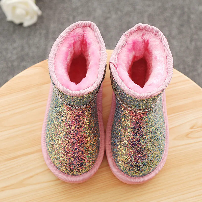 Winter Kids Snow Boots Plush Warm Fashion Sequins Solid Color Girls Ankle Boots  - £157.77 GBP