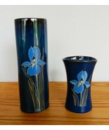 Matched pair of lovely vintage denim blue Otagiri bud vases with floral ... - $34.19 CAD