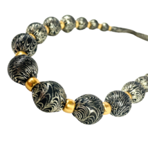Fabric Covered Beaded Necklace Ribbon Tie Back Black Gold Tone Beads 20” - £16.20 GBP
