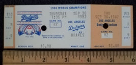 Original1982 Dodgers 20th Anniversary Dodger Stadium (1981 World Champs) Ticket  - $49.99