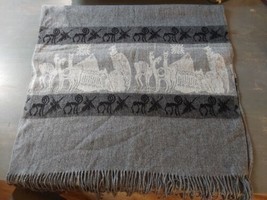 Wool Grey Rectangular Shawl Wrap Scarf Fringe Camels Pryamids Heirogliphs 27x70 - $23.18