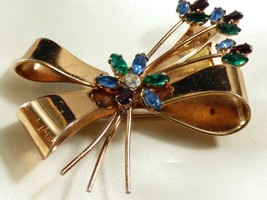 Vintage Coro Gold Plate Sterling Silver Multicolor Stones Flower Bow Pin Brooch - £59.36 GBP