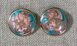 Vintage Coral Teal Swirl Large Round Enamel Metal Disc Statement Earrings - £7.65 GBP