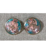 Vintage Coral Teal Swirl Large Round Enamel Metal Disc Statement Earrings - $9.90