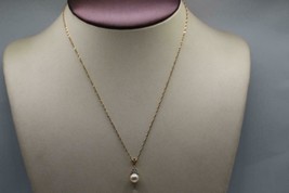 14K Yellow Gold 6.5mm Cultured Pearl &amp; Diamond Pendant 16&quot; Twist Chain Necklace - £206.17 GBP