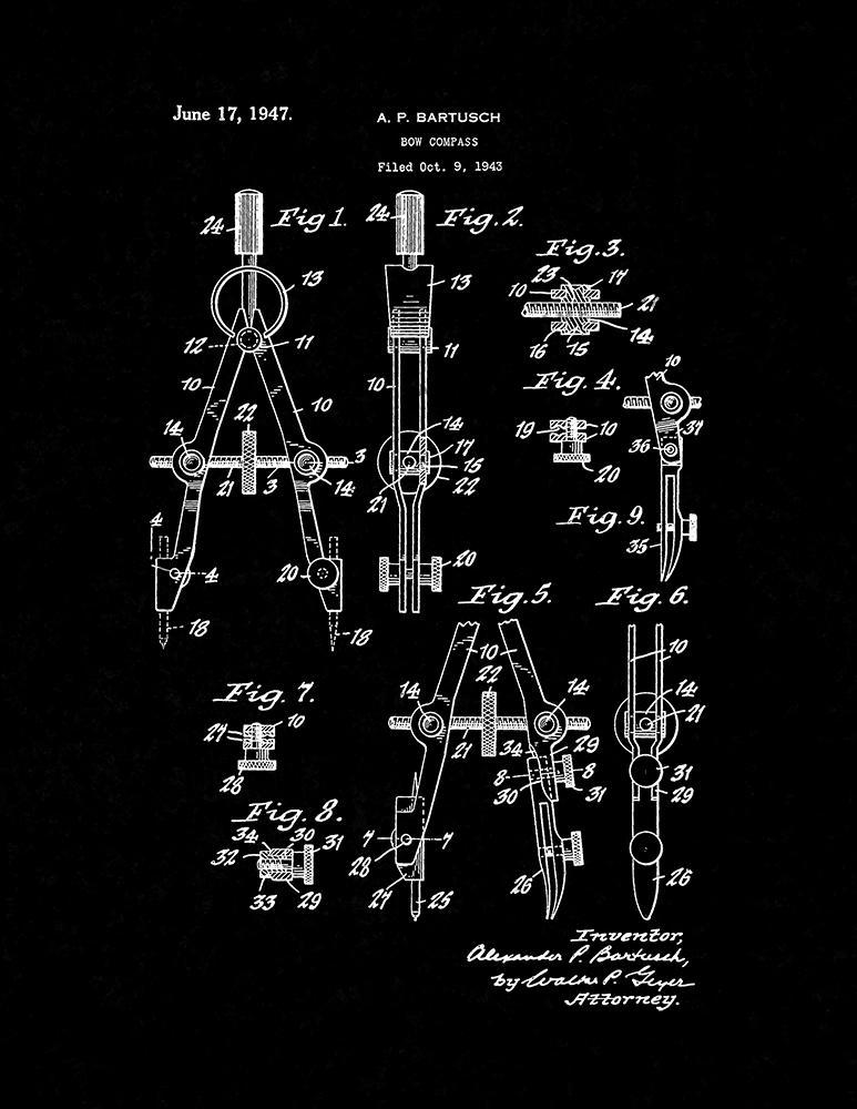 Bow Compass Patent Print - Black Matte