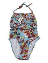 Womens M One Piece Swimsuit  Swimwear High V Neck Bathing Suit Floral Blue - $13.45