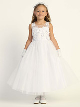 Girls White First Communion Dress w/ Embroidered Tulle &amp; 3D Flowers (723) - $182.08