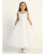 Girls White First Communion Dress w/ Embroidered Tulle &amp; 3D Flowers (723) - $182.08