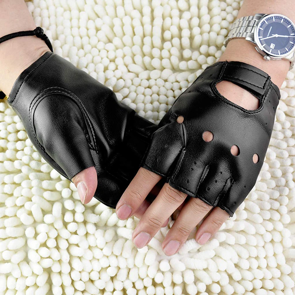 1 Pair Men Artificial Leather Slip-Resistant Half Finger Fingerless Gloves Hand - £11.55 GBP