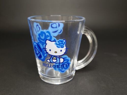 Vintage Sanrio HELLO KITTY Blue Roses Coffe Tea Clear Mug Glass 76' -98' - £122.03 GBP