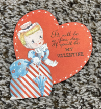 Vintage Valentines Day Card Girl in Dress w Parasol It Will Be A Fine Day - $4.99