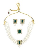 01- Green Rosary Stones Multistrand Pearls Choker Necklace Earring &amp; Ring Set - £15.89 GBP