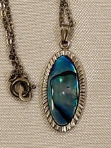 Vintage Framed Oval Abalone Paua Shell Pendant &amp; Sterling Silver Necklac... - $20.79