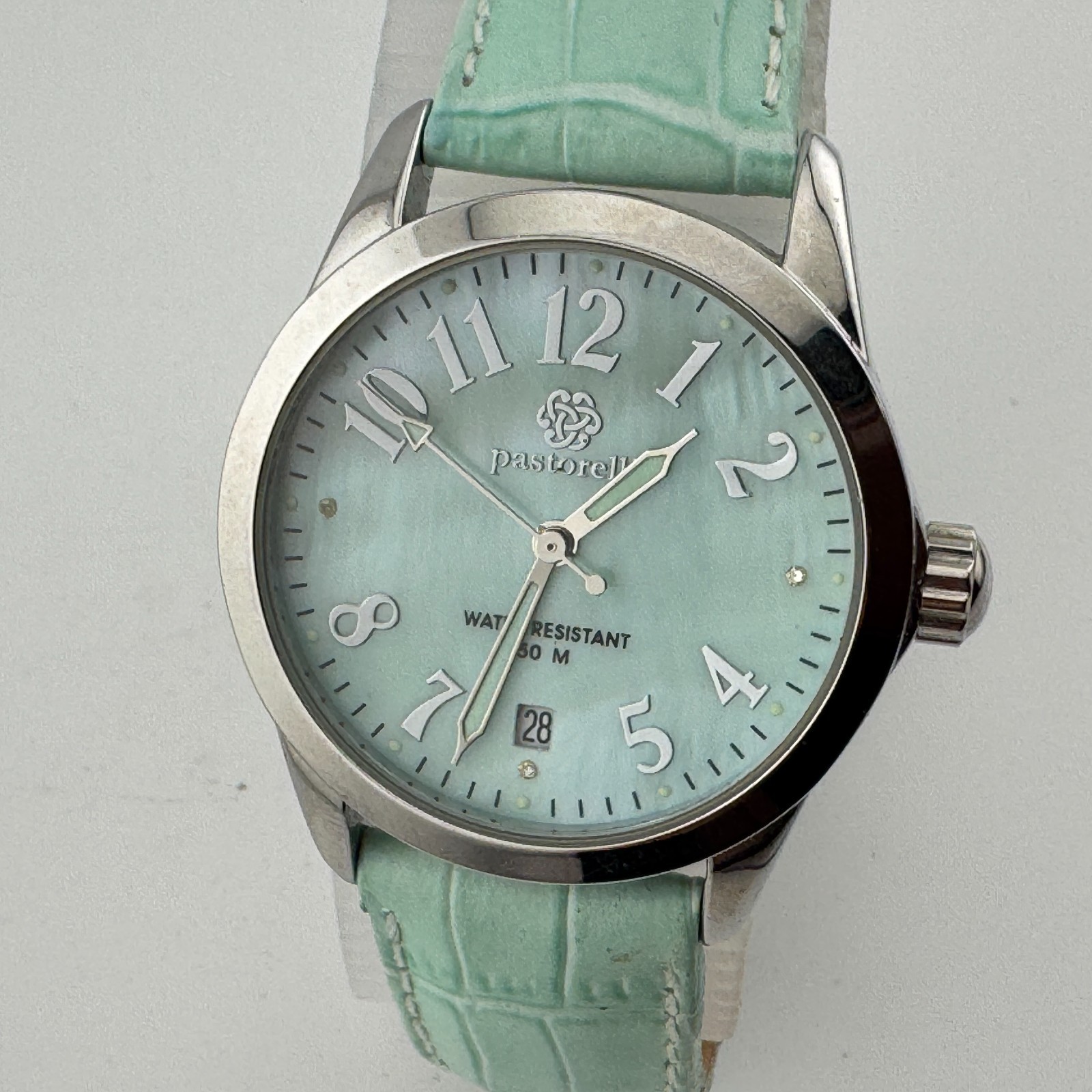Pastorelli Quartz Watch Unisex Silver Cyan Leather Swiss Parts Date New Battery Item image 2