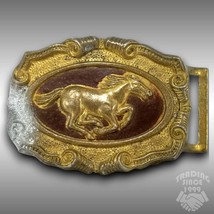 Vintage Belt Buckle Stamped Running Horse Pony Mustang Gold Color Western Style - £17.57 GBP